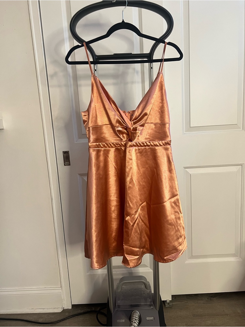 Lulu's Copper-Orange Satin Midi Slip Dress with Front Knot